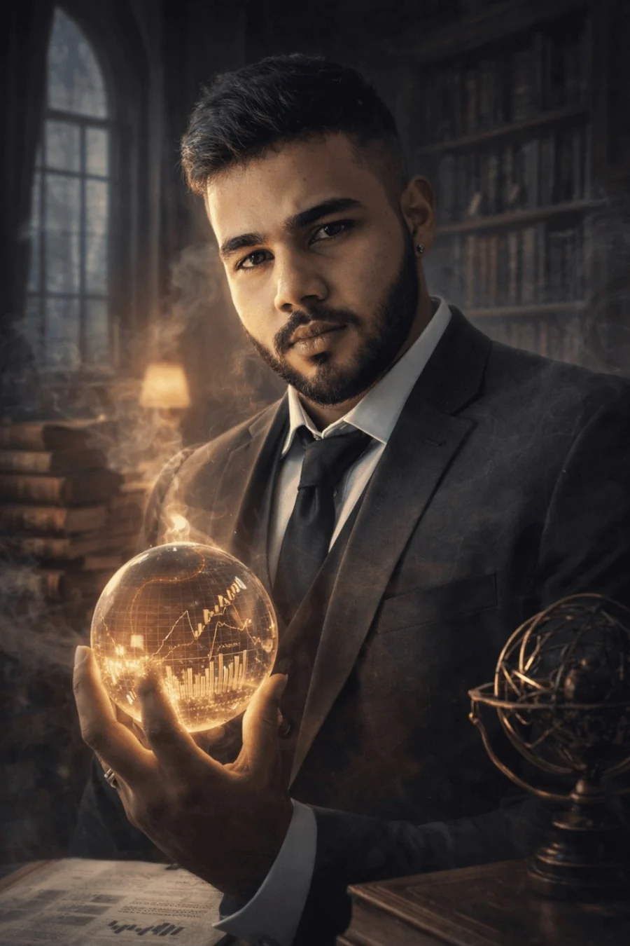 Creative portrait of Vijay Padayachee holding an illuminated globe with financial charts